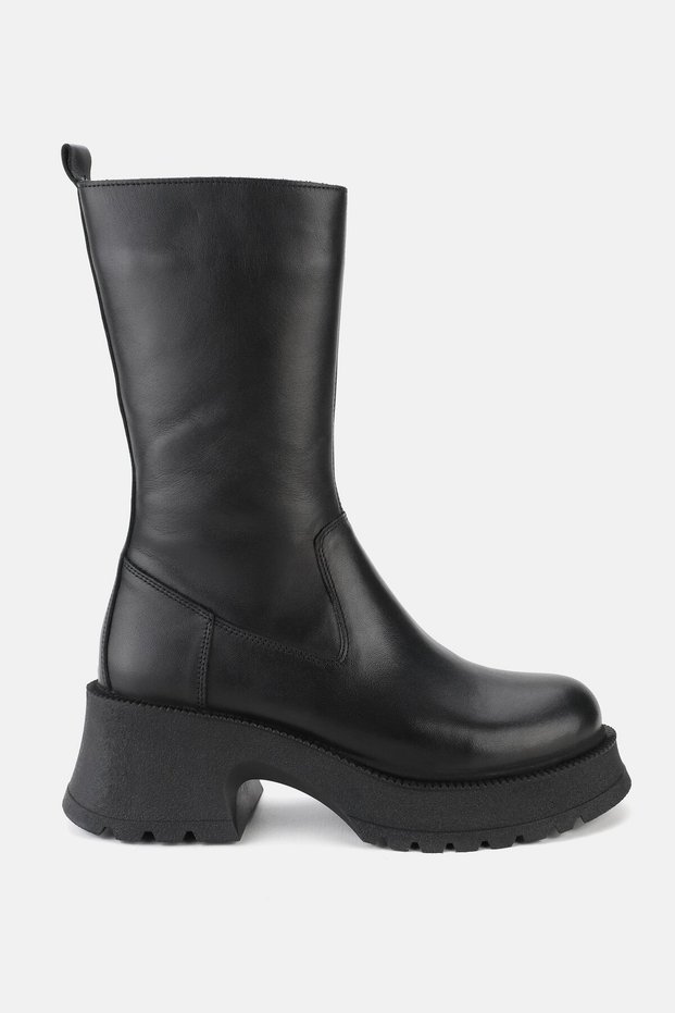 WOMEN'S BLACK GENUINE LEATHER THICK HEELED LONG BOOTS & BOOTIES
