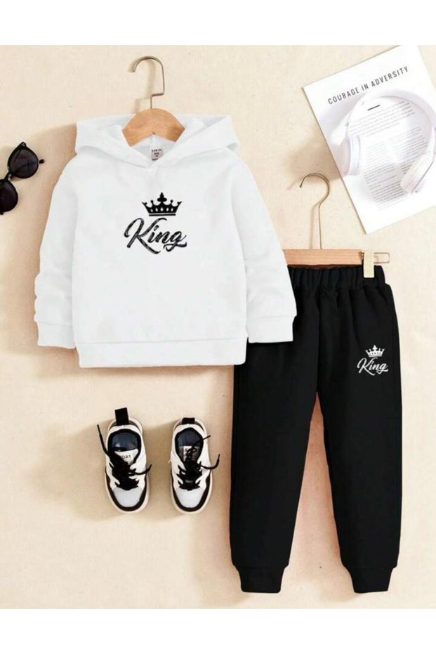 King Crown Printed Boys' Hooded Sweatshirt Tracksuit Set