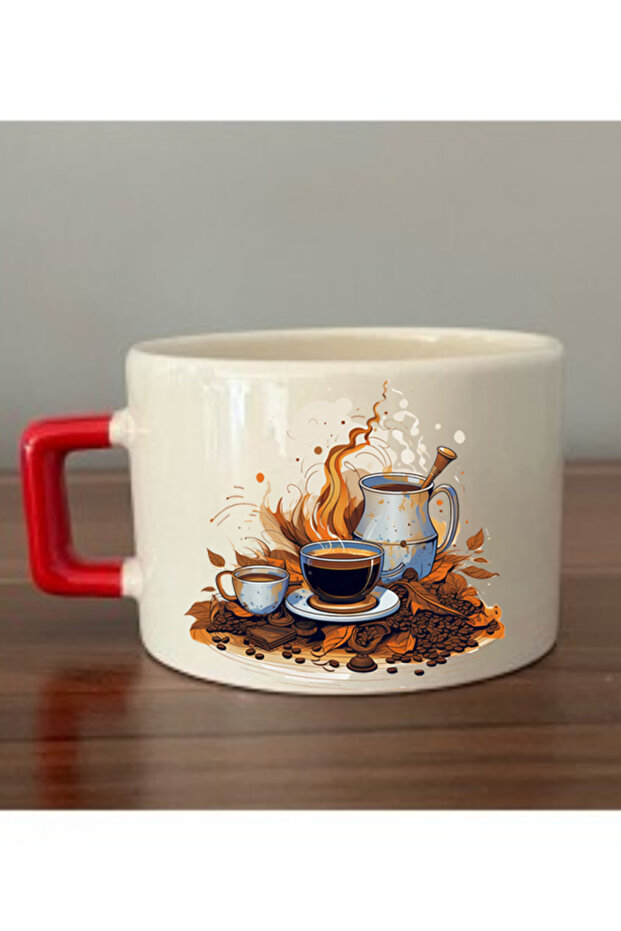 Coffee Bean Printed Cup with Red Handle Ceramic Mug - Ceramic Tea, Coffee Gift Cup