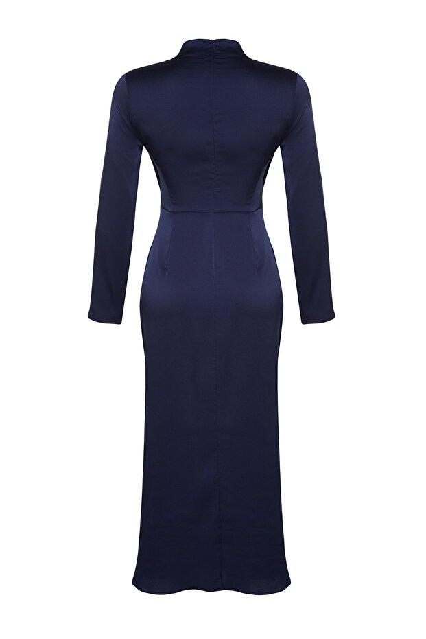 Granatowa, szczegółowa tkana satynowa suknia wieczorowa TCTSS24DB00037 - 7