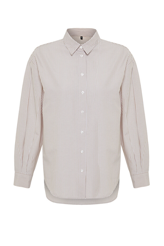 Bej Basic Çizgili Oversize Geniş Kalıp Dokuma Gömlek TWOSS23GO00144 - 7