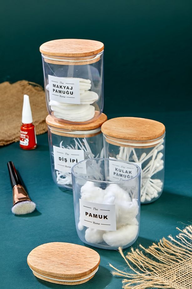 4'lü Ahsap Kapaklı Kulak Pamuğu&pamuk&makyaj pamuğu&diş Ipi Saklama Kutusu 400 ml Akrilik Set - 2