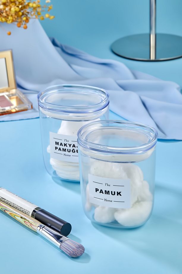 2'li Dekoratif Pamuk & Makyaj Pamuğu Saklama Kutusu - Organizeri 400 ml Akrilik Set - 3