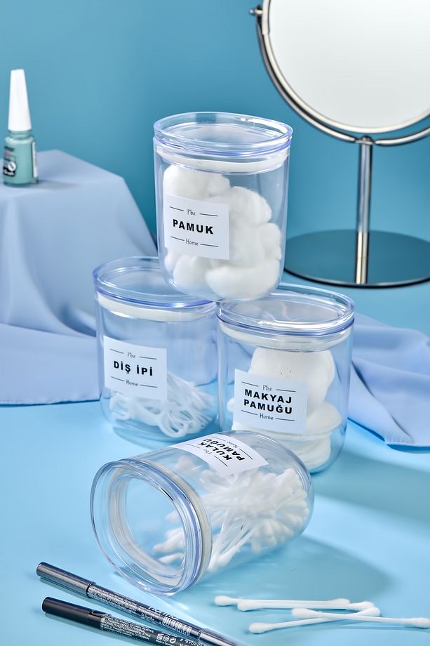 4'lü Dekoratif Kulak Pamuğu & Pamuk & Makyaj Pamuğu & Diş Ipi Saklama Kutusu 400 Ml Akrilik Set - 3