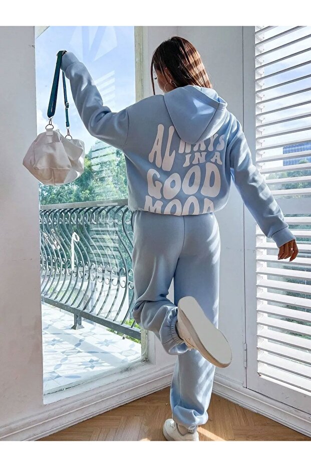 Női túlméretezett tréningruha szett hátul nyomott babakék - 2