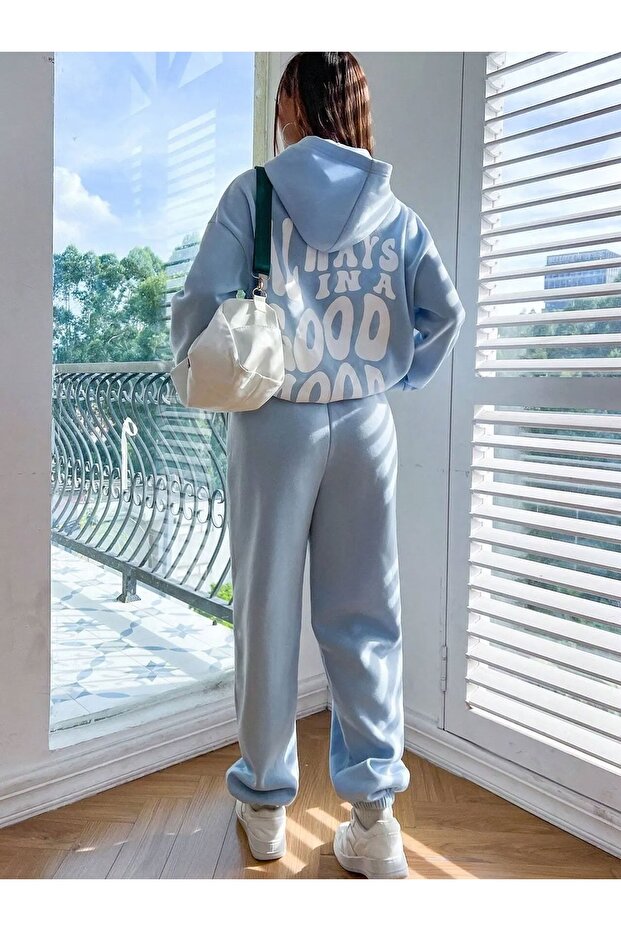 Női túlméretezett tréningruha szett hátul nyomott babakék - 1