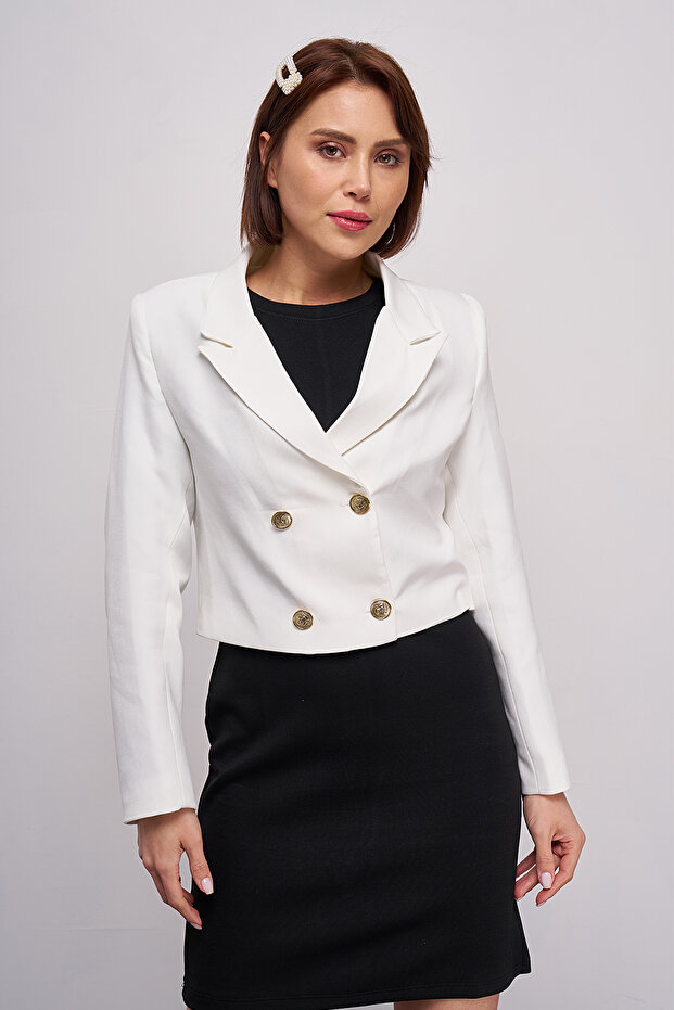 Women's Double Breasted Collar Gold Button Detailed Crop Blazer Jacket