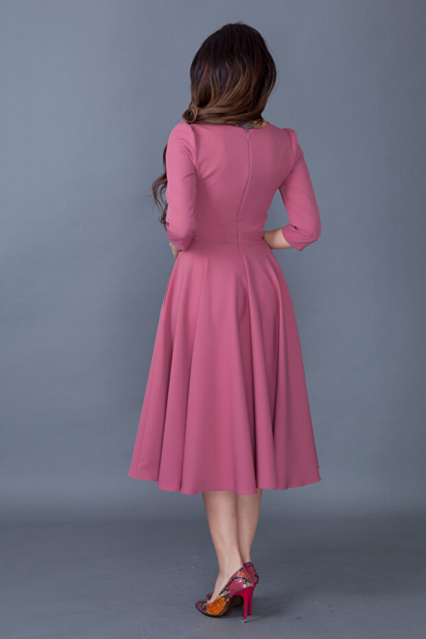 Gül Kurusu Cep Detaylı V Yaka Midi Boy Kloş Elbise - 8