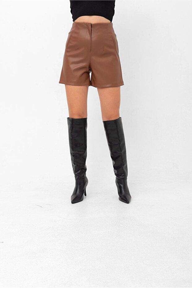 Yüksek Bel Pensli Deri Şort - 6