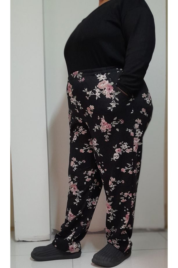 Siyah çiçekli 3 iplik şardonlu kışlık pijama eşofman alti - 5