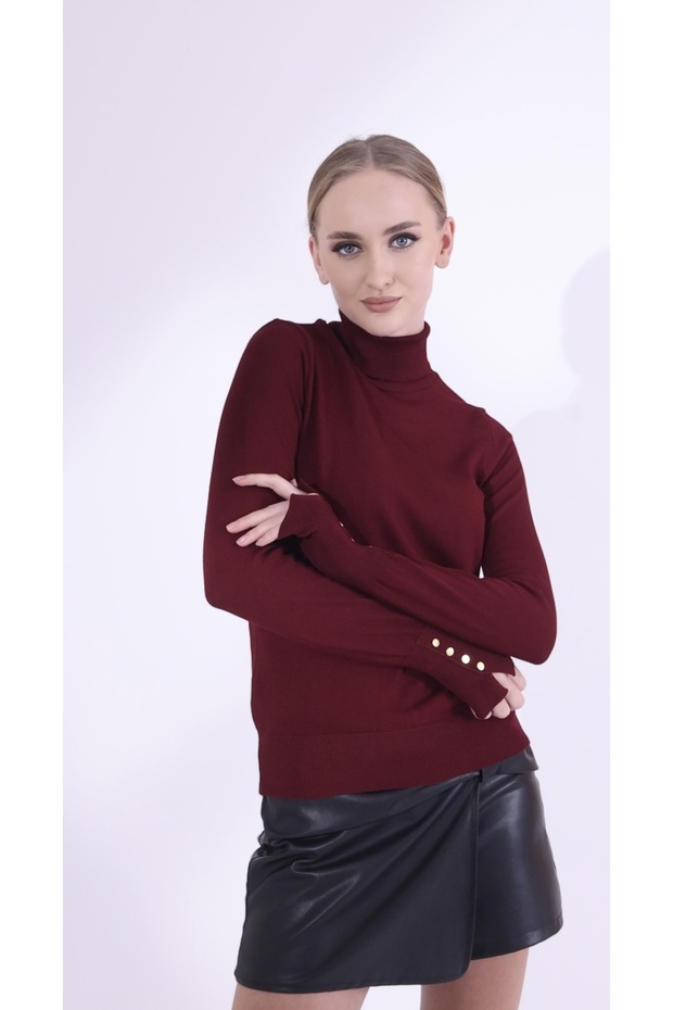 Basıc Balıkçı Yaka Triko Kazak-Bordo - 2