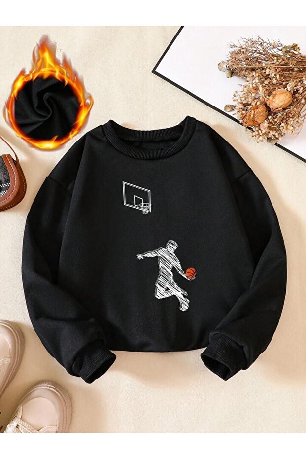 Boy's Black Basketball Dunk Printed Crew Neck Sweatshirt