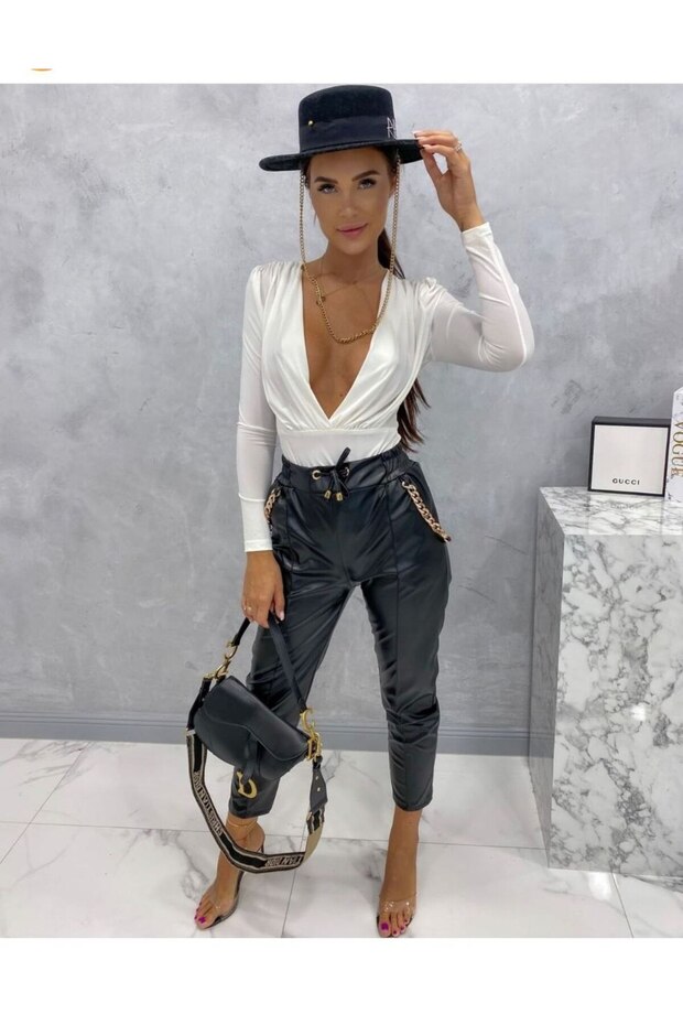 Women's Black Elastic Waist Side Chain Pocket Lace-up Pipe Leg Leather Pants