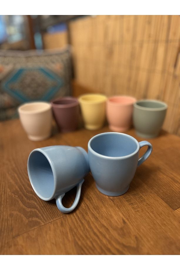 Mavi Mat Double Fincan Kulplu Mug Kupa Bardak Espresso Double Türk Kahve Fincan Kahve Kupası - 2