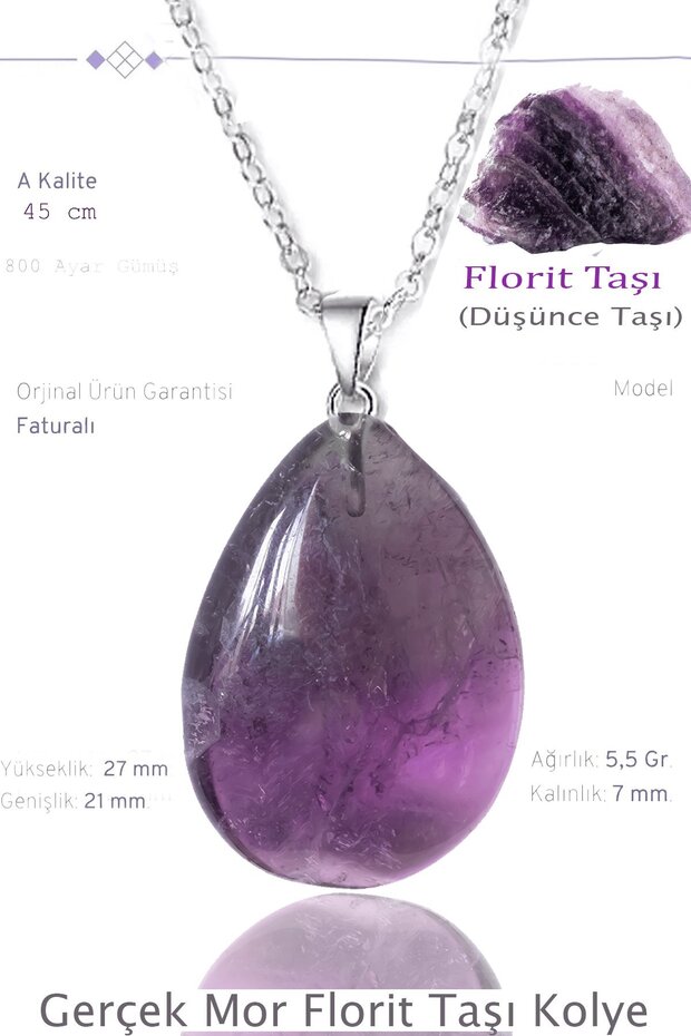 Certified Drop Model Purple Fluorite Stone Necklace - With Silver Apparatus