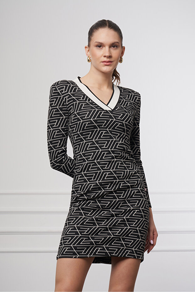 V Yaka Örme Mini Elbise - 1
