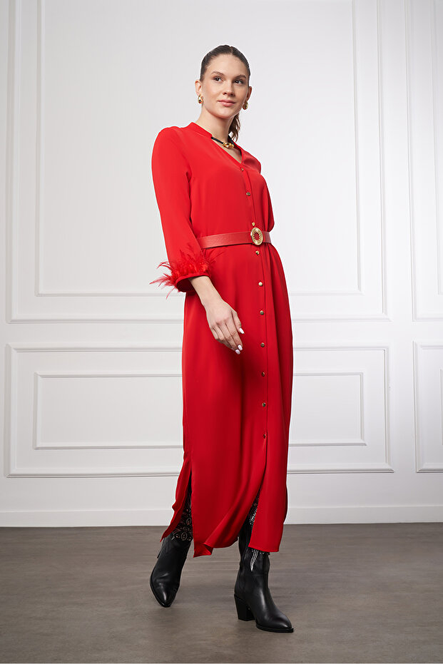 Otriş Detaylı V Yaka Elbise - 4