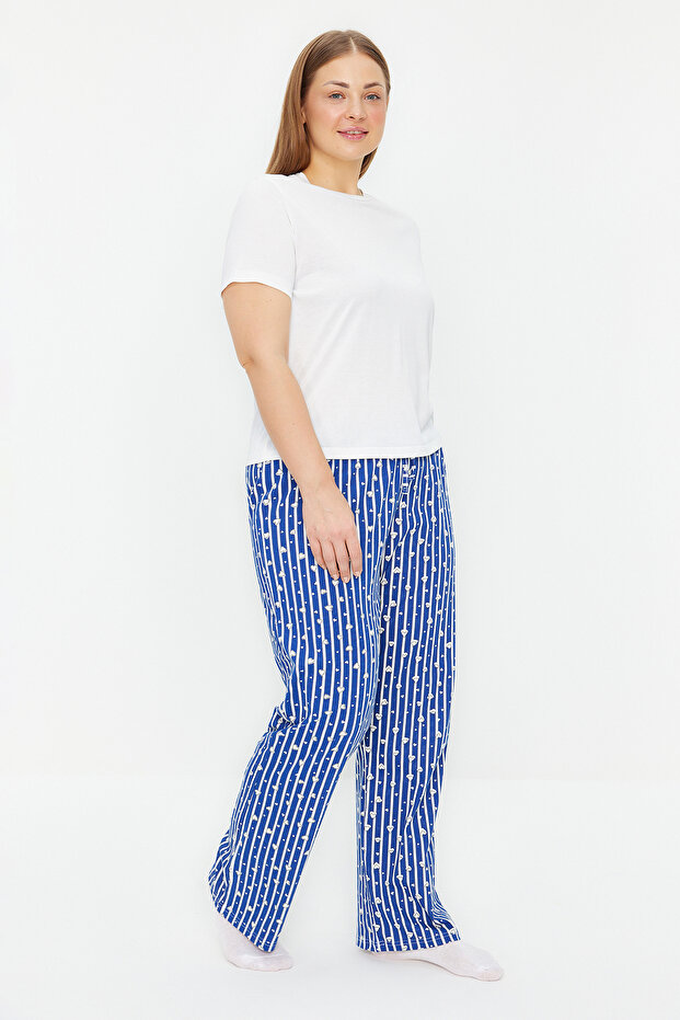 Lacivert Pamuklu Çizgili ve Kalpli Örme Pijama Altı TBBAW24IA00000 - 2