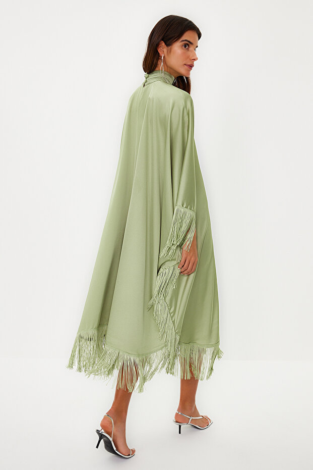 Khaki bojt részletes szatén szőtt kaftán estélyi ruha TCTSS24DB00038 - 8