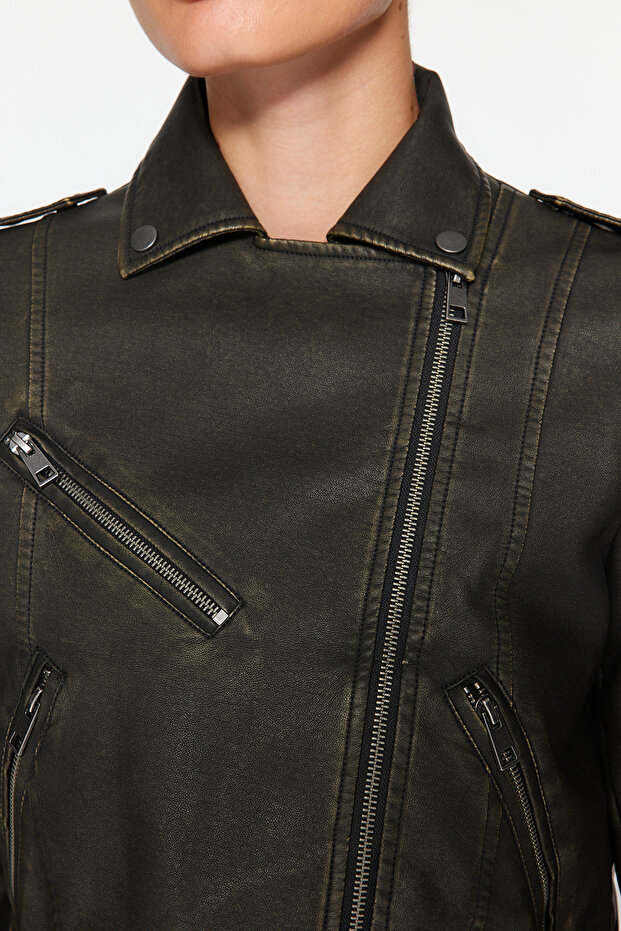 Antrasit Eskitme Detaylı Suni Deri Biker Ceket Mont TWOAW24MO00277 - 10