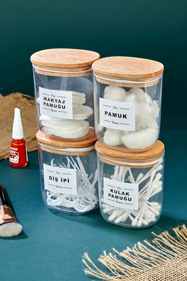 4'lü Ahsap Kapaklı Kulak Pamuğu&pamuk&makyaj pamuğu&diş Ipi Saklama Kutusu 400 ml Akrilik Set - 1