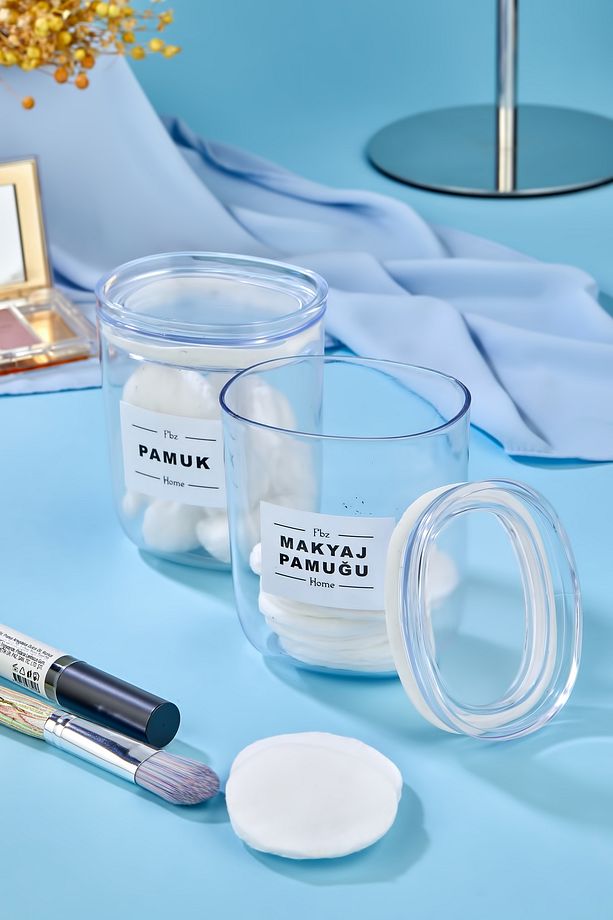 2'li Dekoratif Pamuk & Makyaj Pamuğu Saklama Kutusu - Organizeri 400 ml Akrilik Set - 5