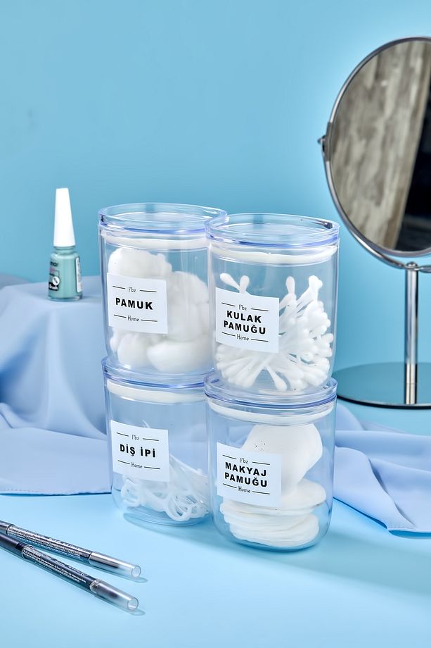 4'lü Dekoratif Kulak Pamuğu & Pamuk & Makyaj Pamuğu & Diş Ipi Saklama Kutusu 400 Ml Akrilik Set - 1