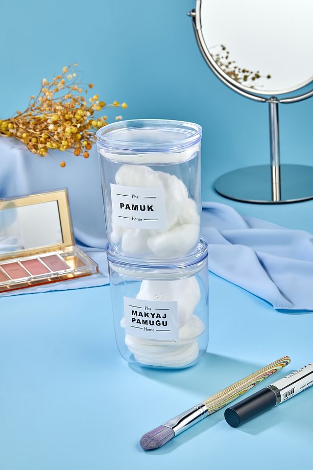 2'li Dekoratif Pamuk & Makyaj Pamuğu Saklama Kutusu - Organizeri 400 ml Akrilik Set - 1