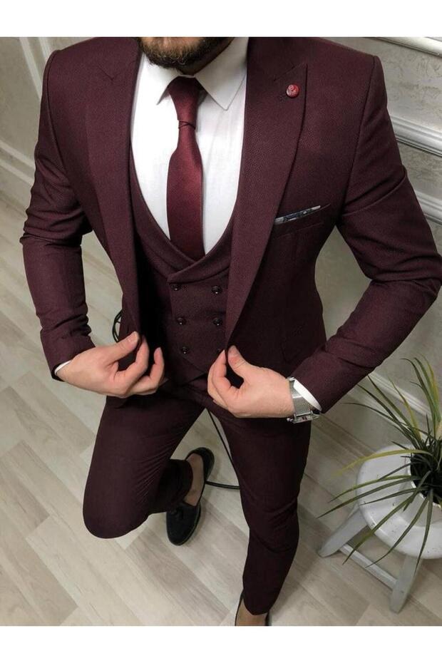 Men's Vest Suit Claret Red Size 44 Chain and Tie