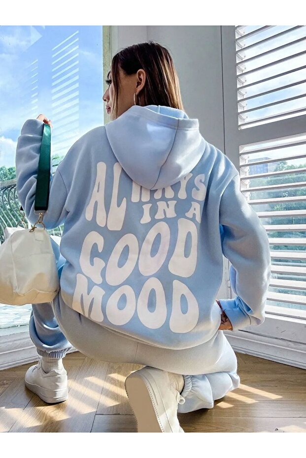 Női túlméretezett tréningruha szett hátul nyomott babakék - 6