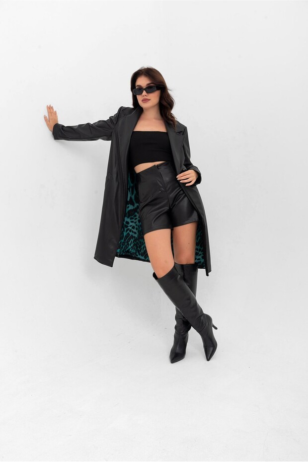 Yüksek Bel Pensli Deri Şort - 1