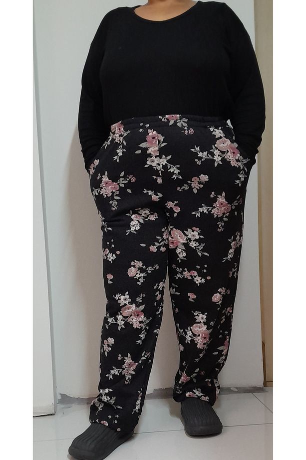 Siyah çiçekli 3 iplik şardonlu kışlık pijama eşofman alti - 8