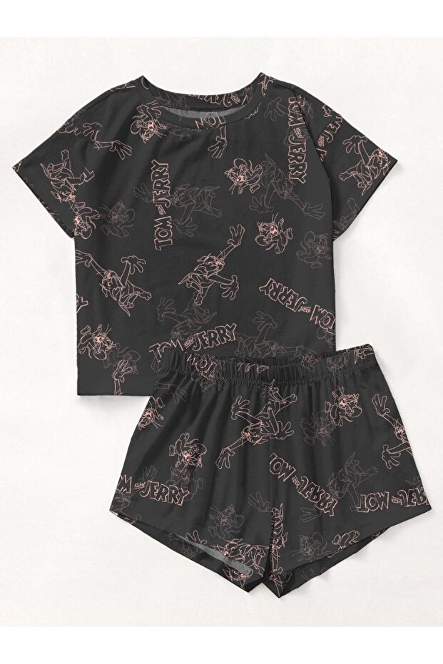 Short Sleeve Shorts Pajama Set Tom And Jerry Black Supersoft Basic Single Jersey