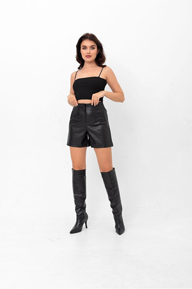 Yüksek Bel Pensli Deri Şort - 5