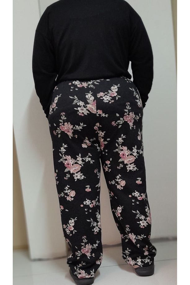 Siyah çiçekli 3 iplik şardonlu kışlık pijama eşofman alti - 7