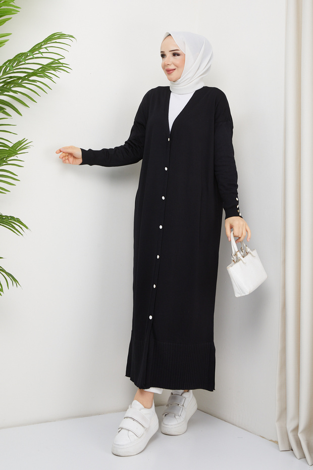 Women's Mercerized Button Detailed Full Length Knit Cardigan Black
