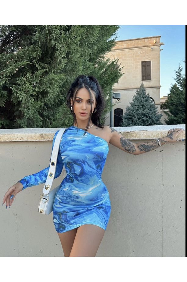Mavi Batik Tek Kol Omuz Detay Dalgıç Elbise - 4