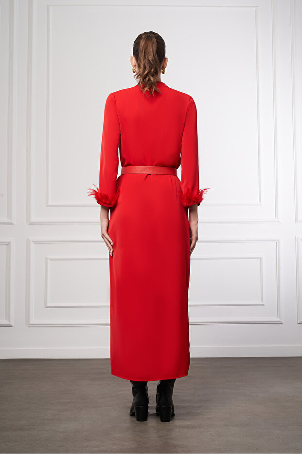 Otriş Detaylı V Yaka Elbise - 5