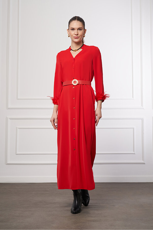 Otriş Detaylı V Yaka Elbise - 2