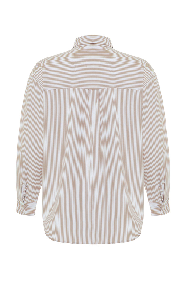 Bej Basic Çizgili Oversize Geniş Kalıp Dokuma Gömlek TWOSS23GO00144 - 8