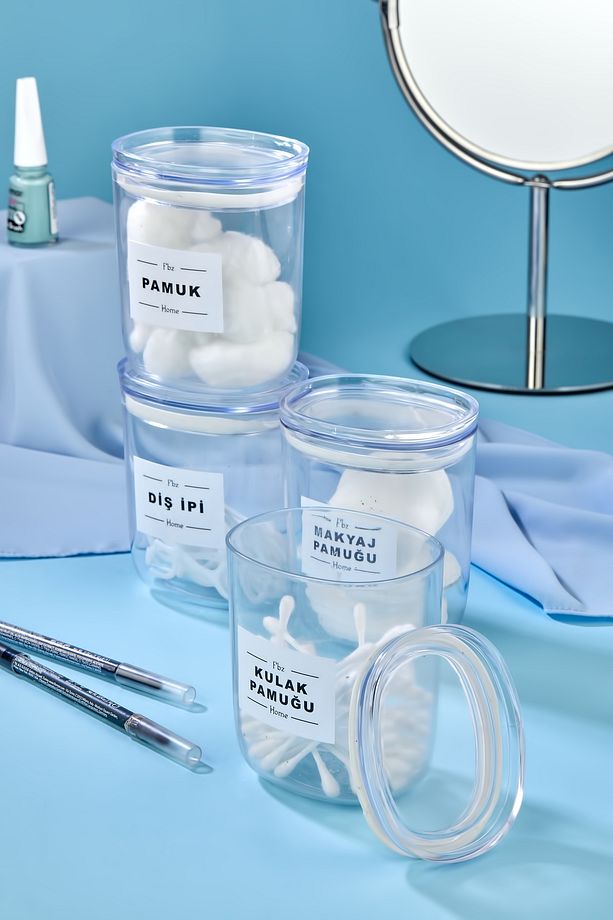 4'lü Dekoratif Kulak Pamuğu & Pamuk & Makyaj Pamuğu & Diş Ipi Saklama Kutusu 400 Ml Akrilik Set - 2