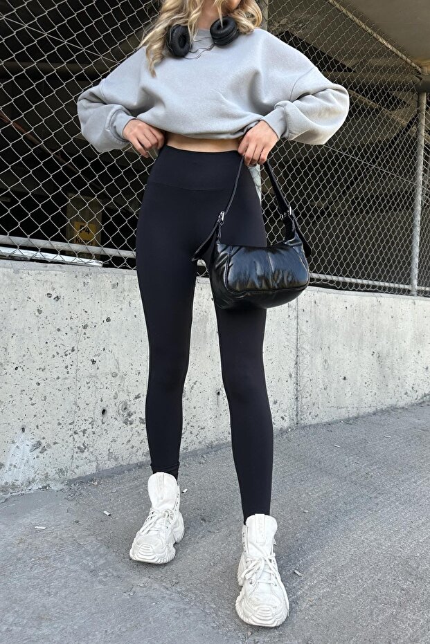 Toparlayıcı Beli Lastikli Yüksek Bel Örme Tayt - 4