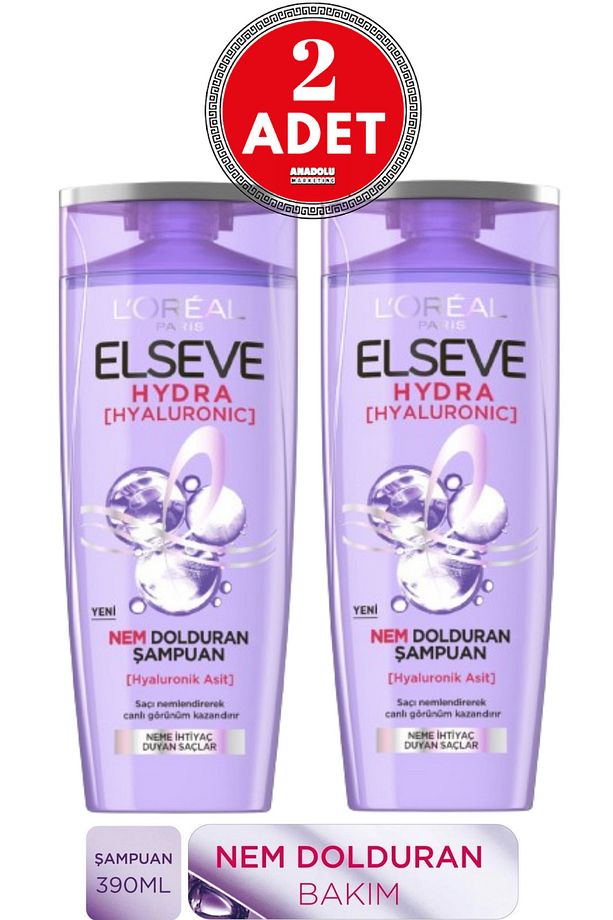 L'Oréal Paris Elseve Hydra [Hyaluronic] Nem Dolduran Şampuan 390 ml 2 Adet - 1
