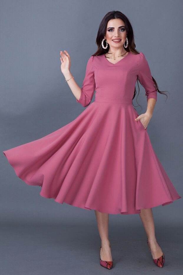 Gül Kurusu Cep Detaylı V Yaka Midi Boy Kloş Elbise - 3