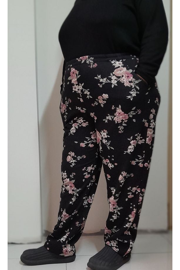 Siyah çiçekli 3 iplik şardonlu kışlık pijama eşofman alti - 4