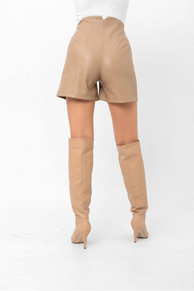 Yüksek Bel Pensli Deri Şort - 7