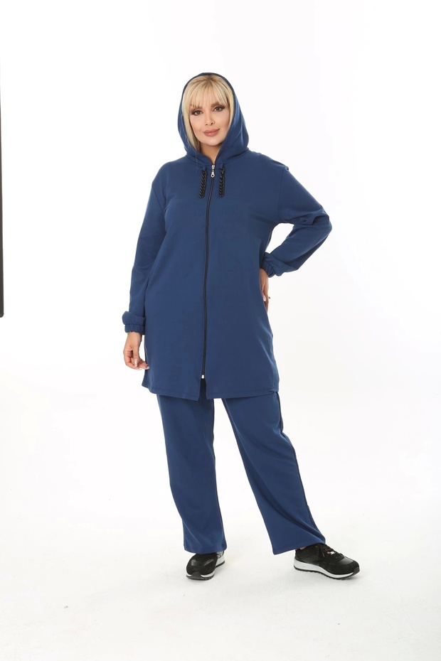 Women's Navy Blue Large Size Hooded Tracksuit Set