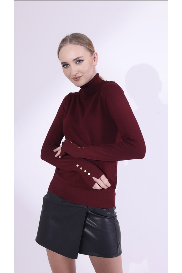 Basıc Balıkçı Yaka Triko Kazak-Bordo - 1