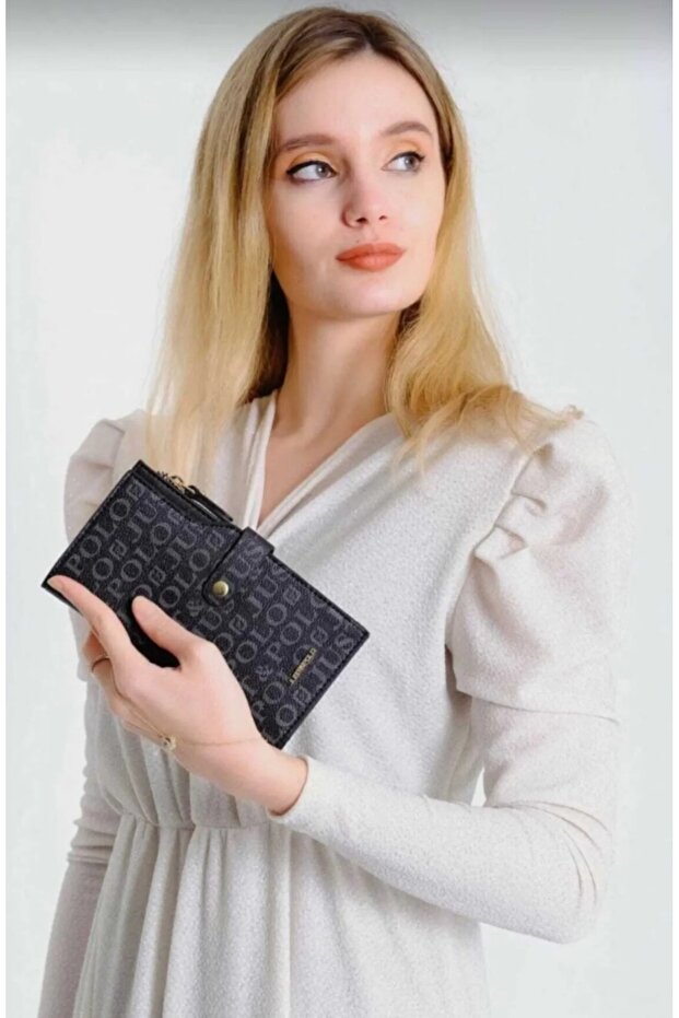 Women's Black Horizontal Model Zippered and Covered Wallet-1001