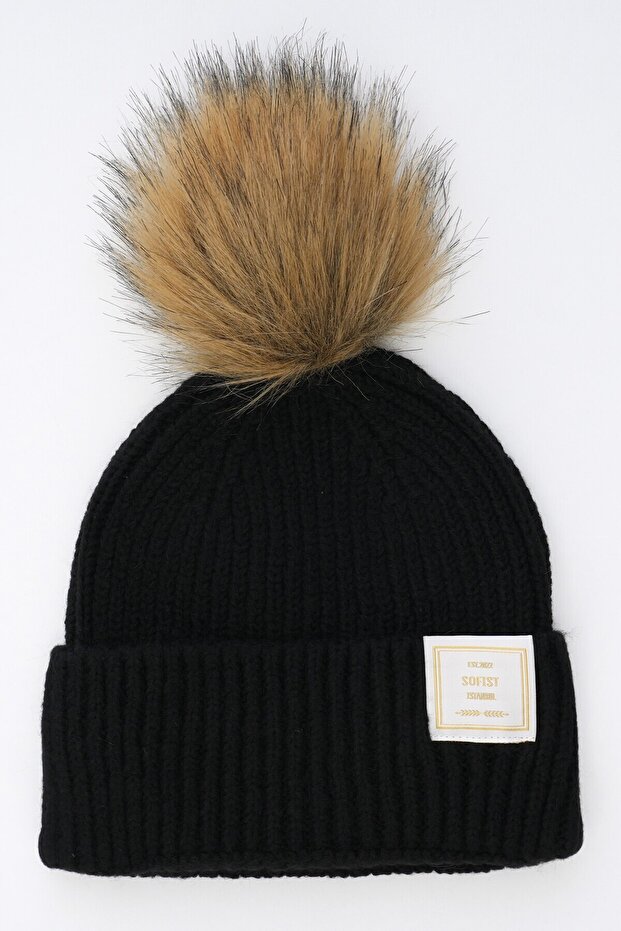 Black Pompom Woven Label Soft Washed Wool And Fold Women's Knitted Beret